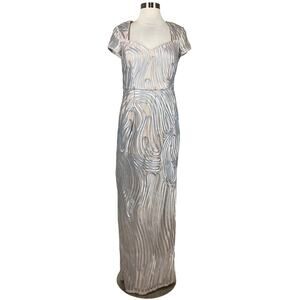 Adrianna Papell Cut Out Embroidered Column Evening Gown Silver Size 4 Long Dress